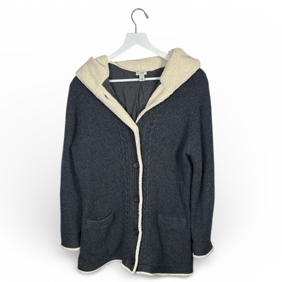 LL Bean Women's Sherpa Trimmed Hooded Cardigan Button-front Jacket W2055 Sz XL - Picture 1 of 8